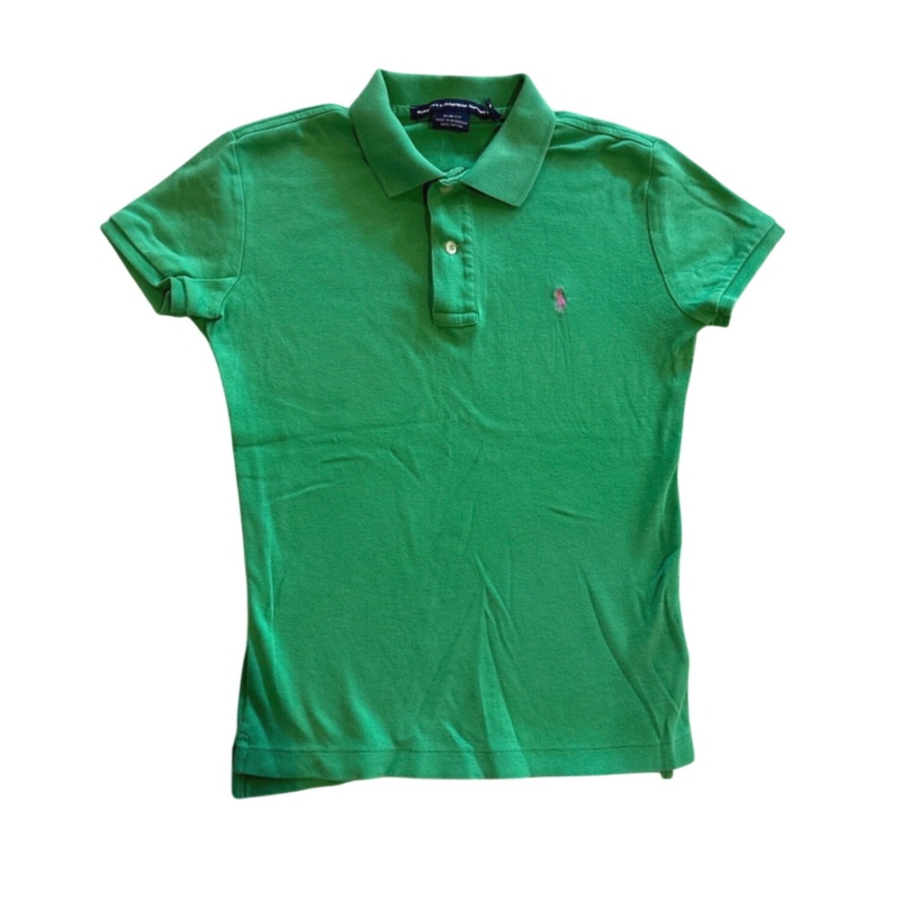 Ralph Lauren Sport Women's Green Slim Fit Polo Shirt Pink Pony 100% Cotton